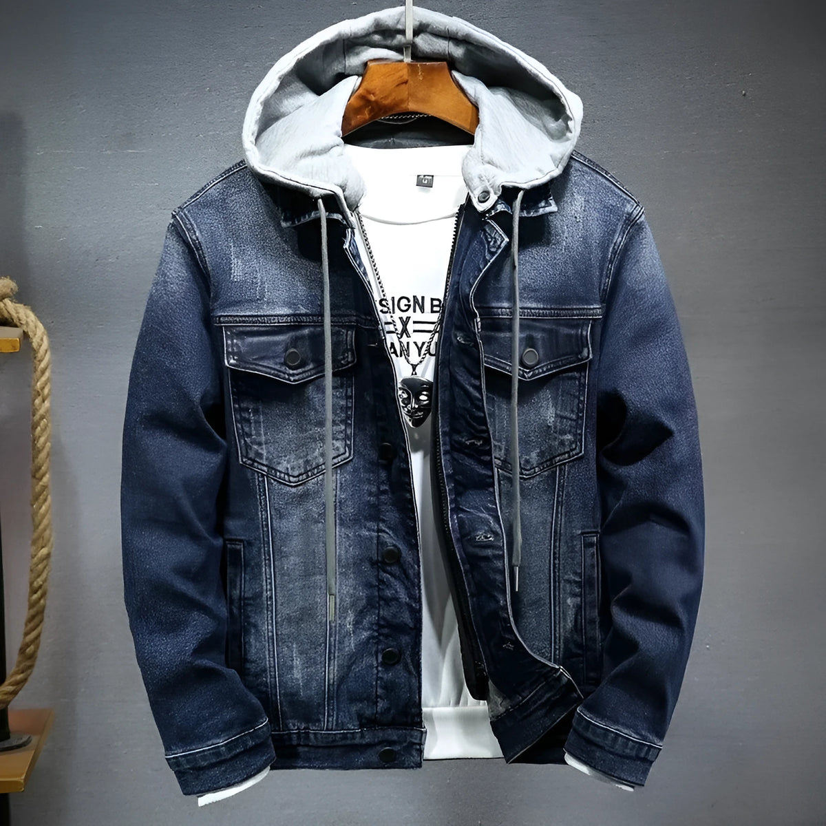 Men's thick denim hooded jacket with lapel collar in black, slim fit cotton winter coat