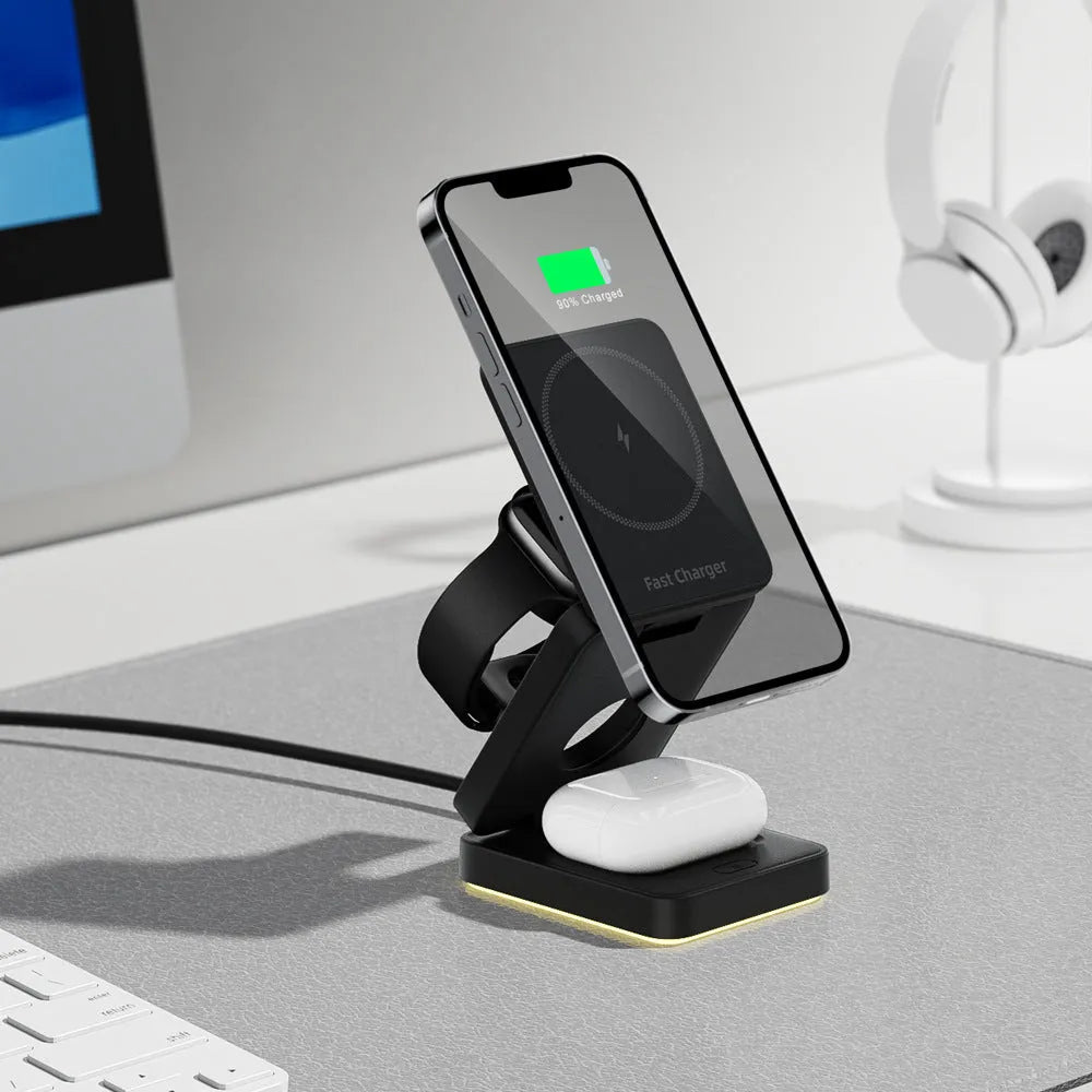 Three-in-one folding magnetic wireless charger in black or white with USB cable and manual