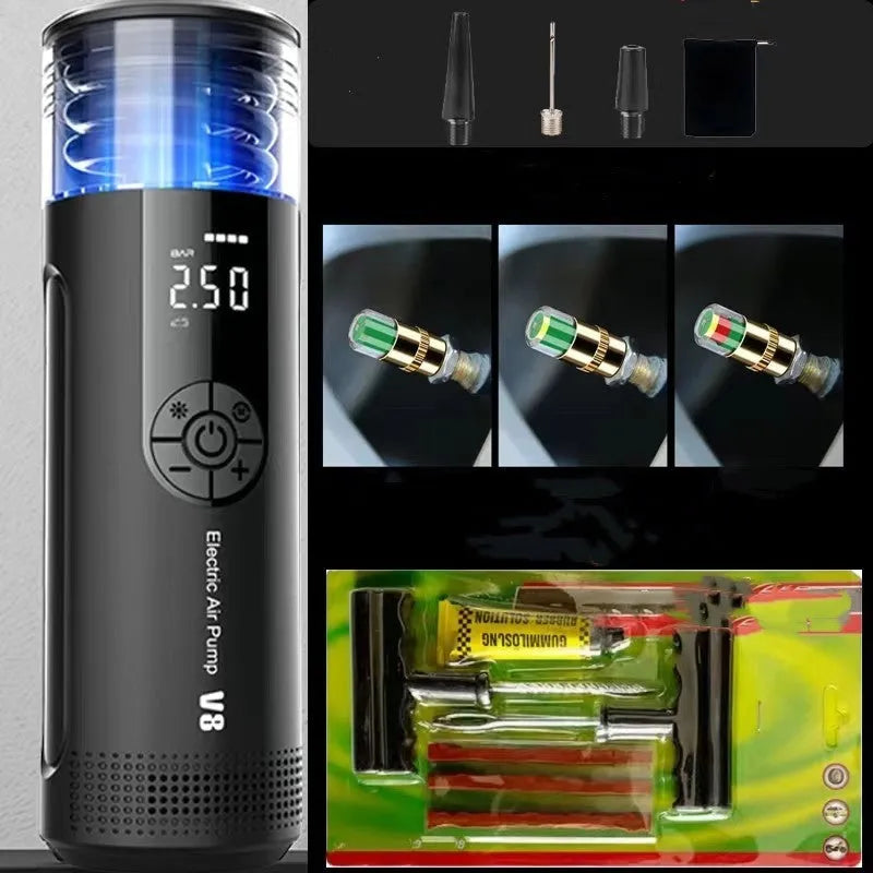 120W electric car tyre inflator with 600cm hose and digital display showing pressure reading
