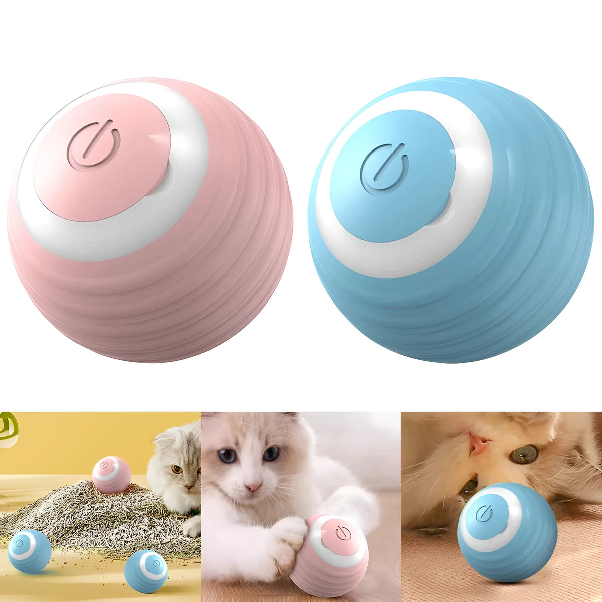 Rechargeable silicone automatic moving cat toy ball in blue and pink for indoor cats and kittens