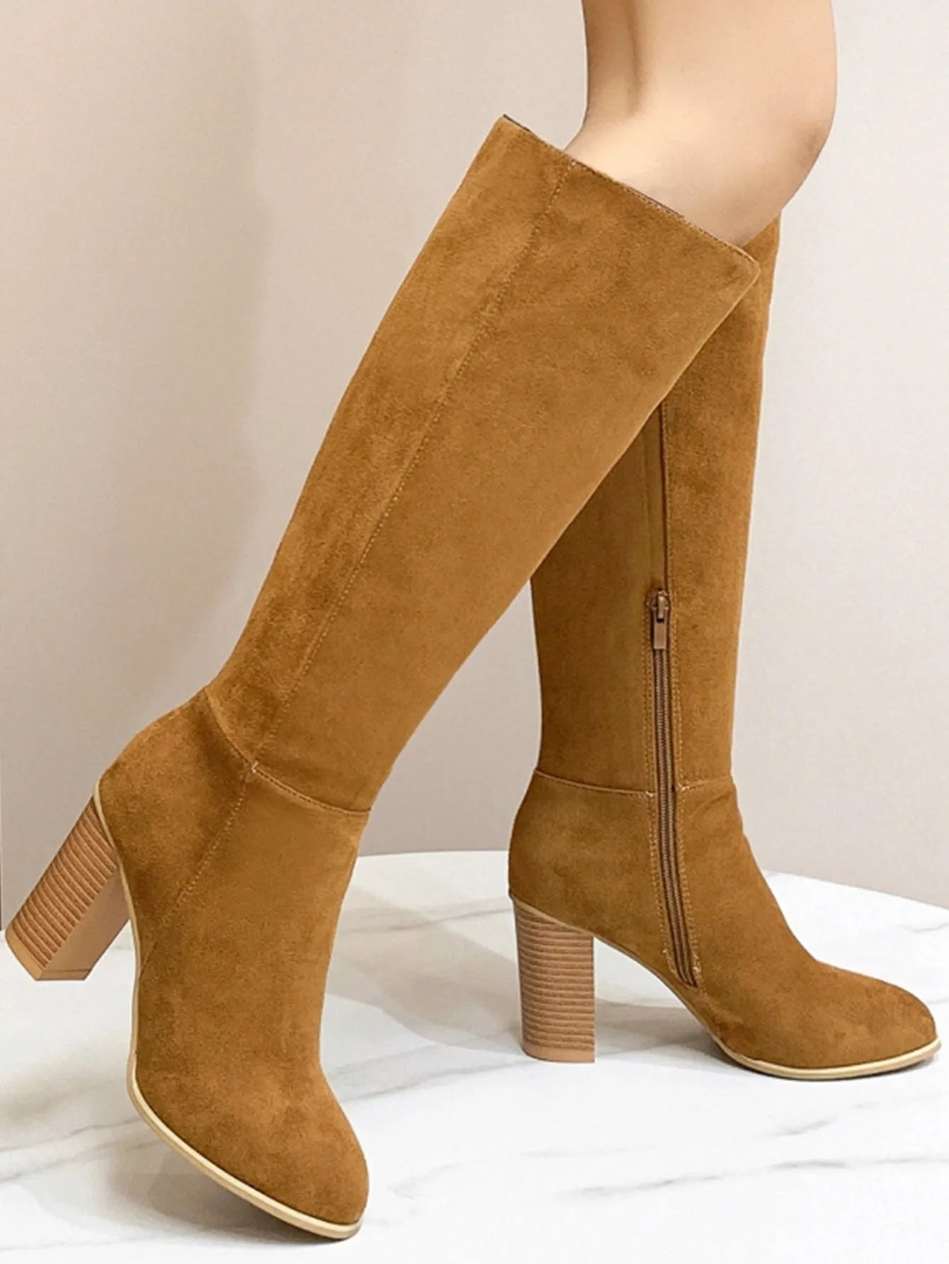 Women's black square toe high heel fashion boot with a casual style artificial PU upper.