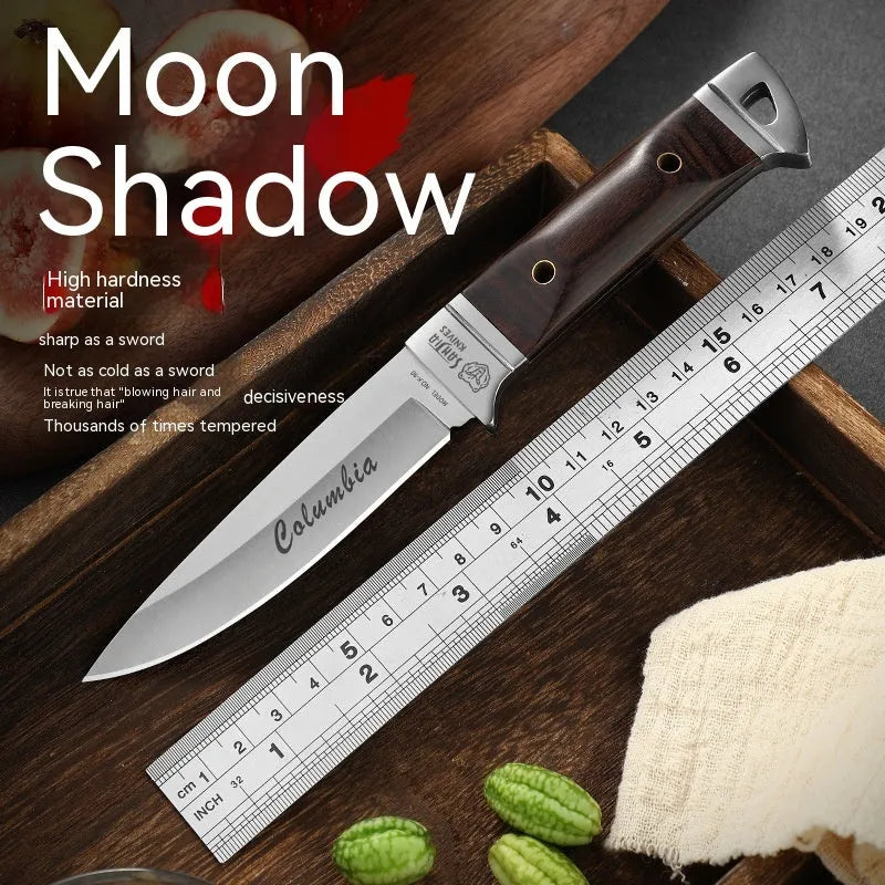 Camping portable fruit knife with leather case, stainless steel national style design