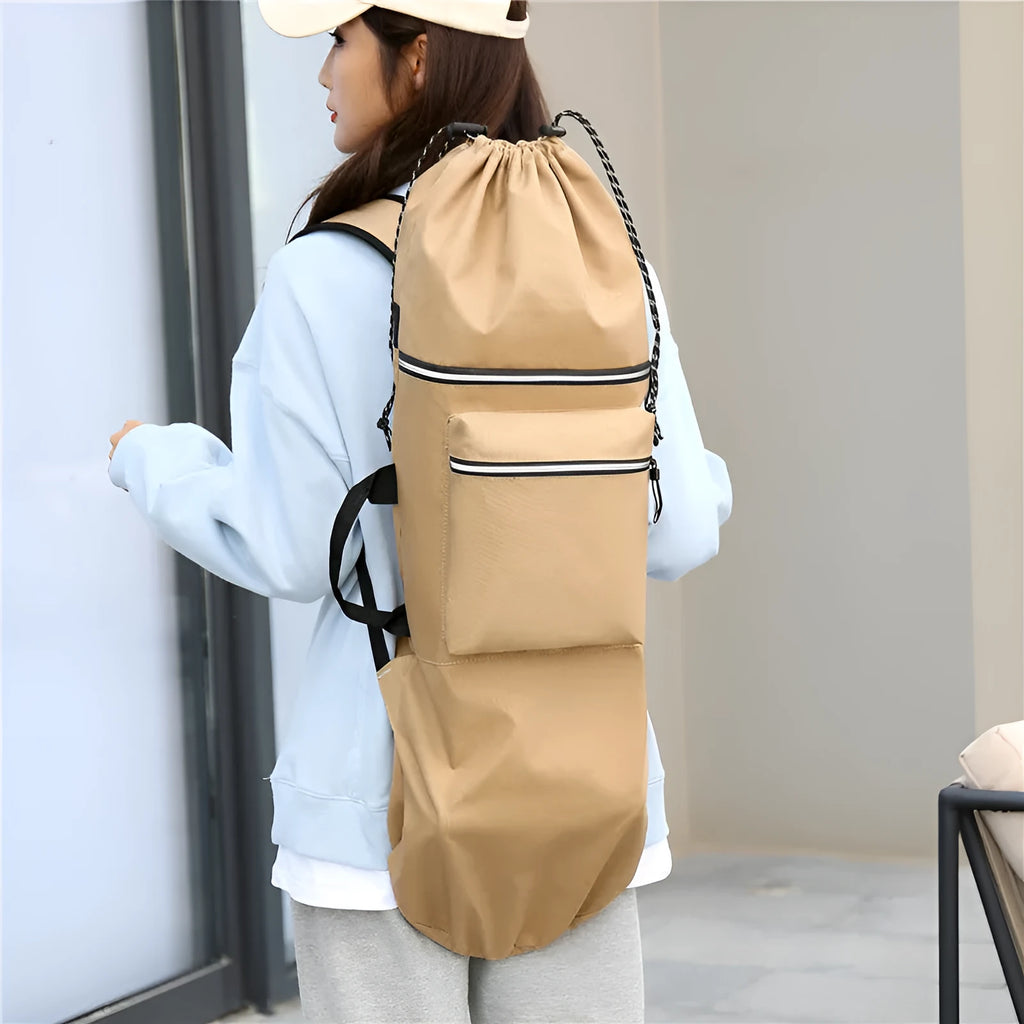 Lightweight waterproof nylon skateboard backpack in camouflage colour with large capacity.