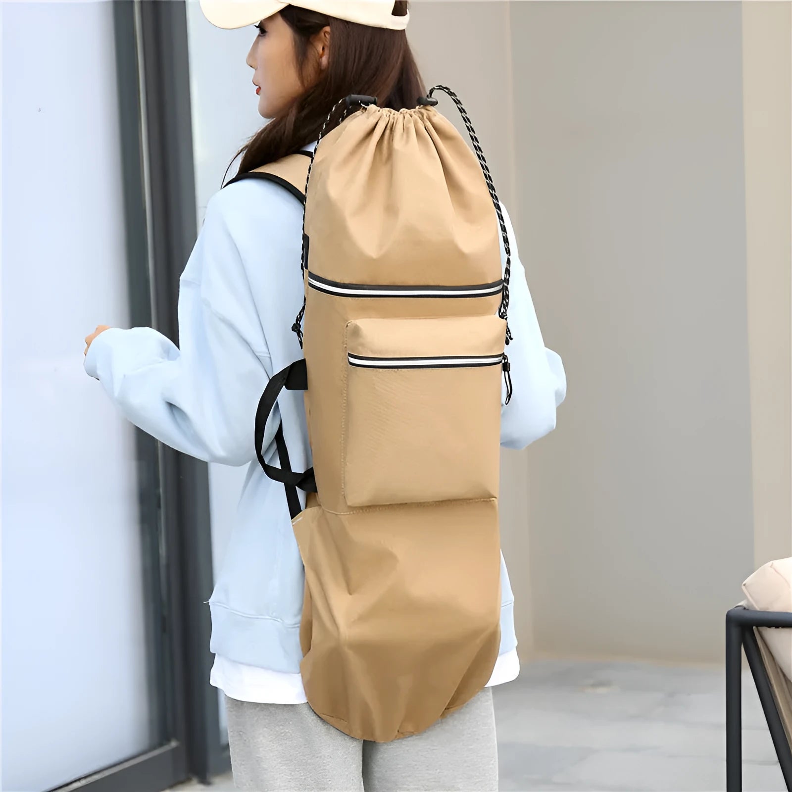 Lightweight waterproof nylon skateboard backpack in camouflage colour with large capacity.