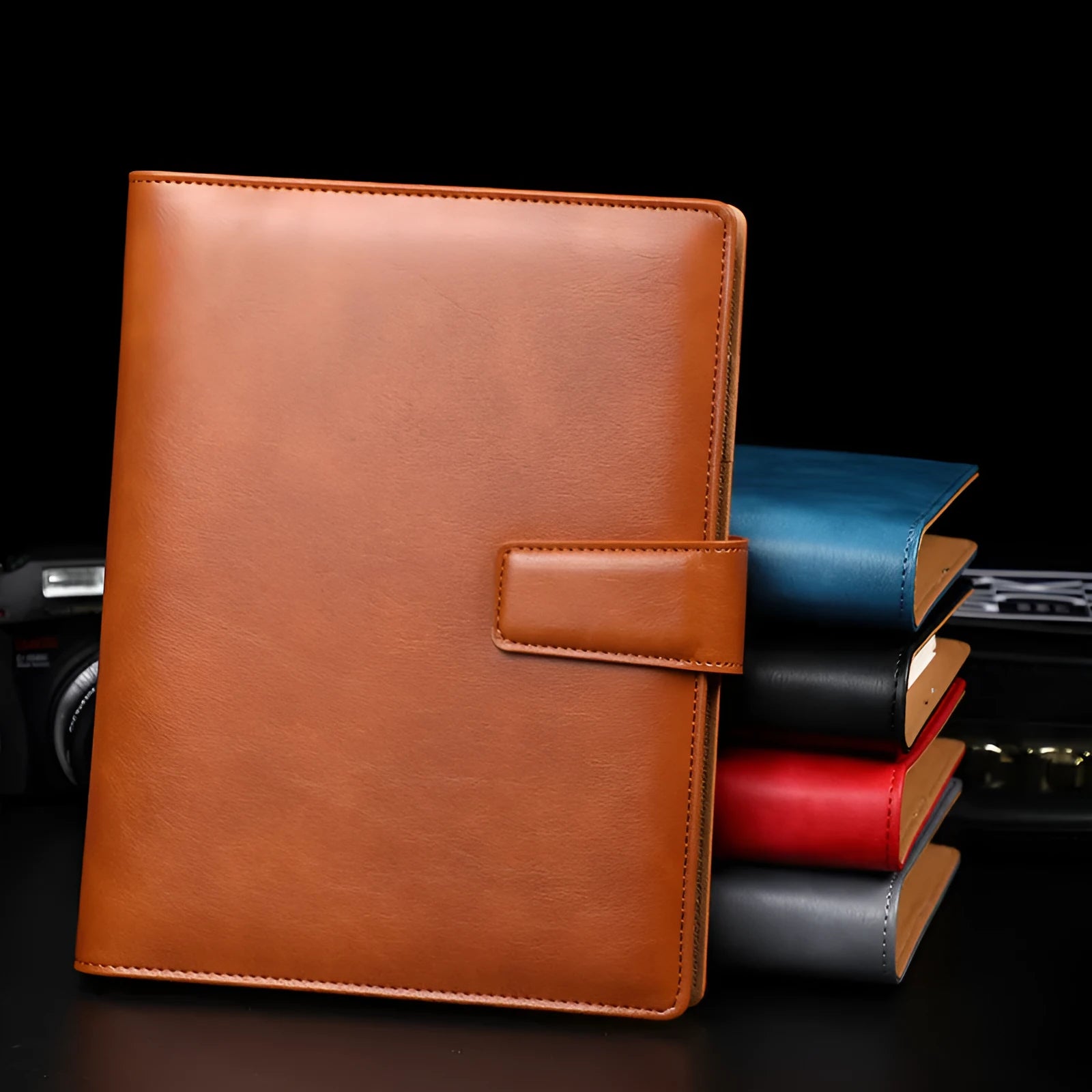 A5 leather notebook with 6-hole binder clip in black, blue, brown, grey or red colours