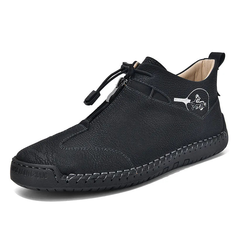 Men's casual leather shoes with round toe and mid heel in black, blue, green, khaki colour options