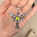Close-up of a creative devil wings cross pendant necklace in alloy, showing geometric wing details.