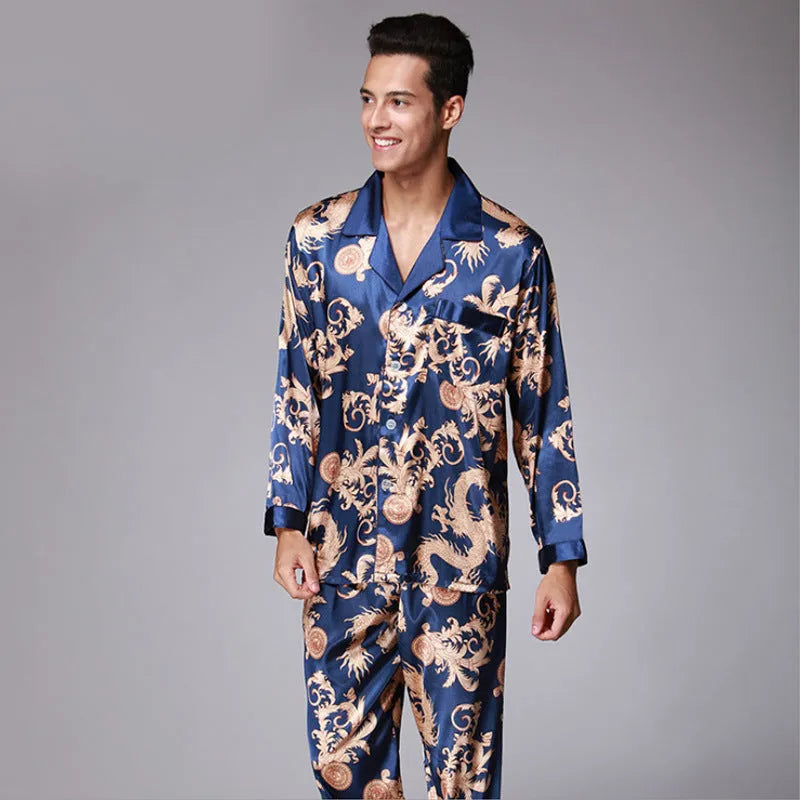 Men's long sleeve simulation silk pyjama set, lapel V-neck, available in five colours