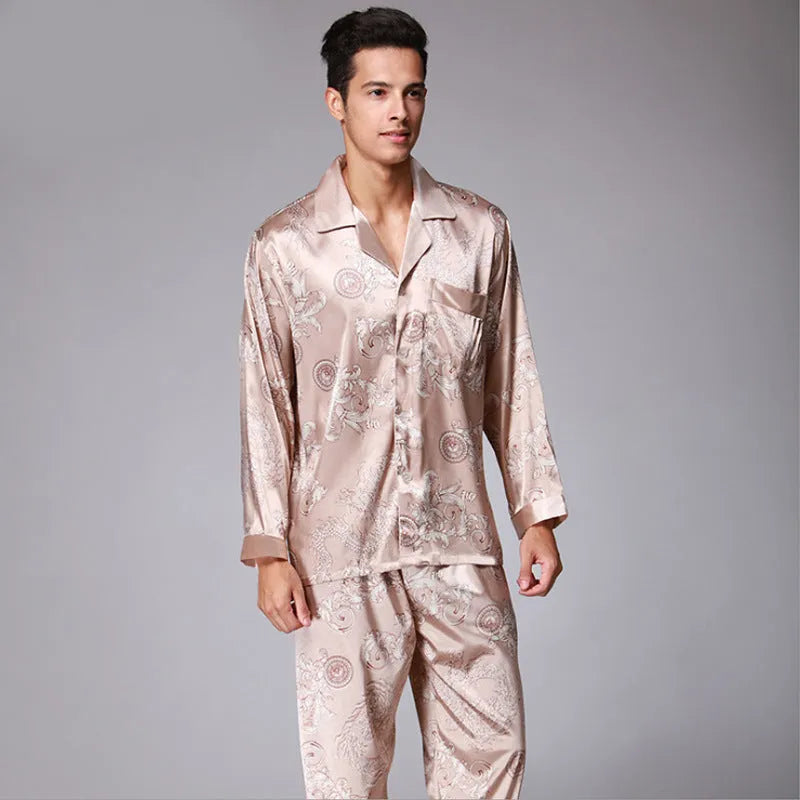 Men's long sleeve simulation silk pyjama set, lapel V-neck, available in five colours
