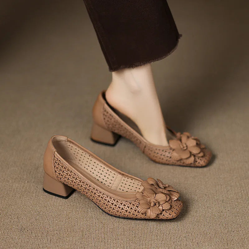 Women's light brown leather pumps with hollow side design and woven detailing, mid-heel height
