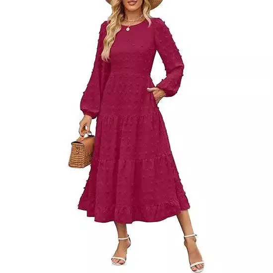 Women's beige high waist autumn dress with long ruffle sleeves, round neck.