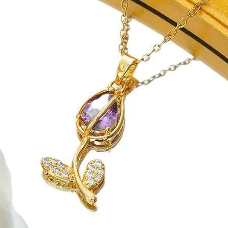 Zircon tulip pendant necklace for women in gold tone on a titanium steel chain.
