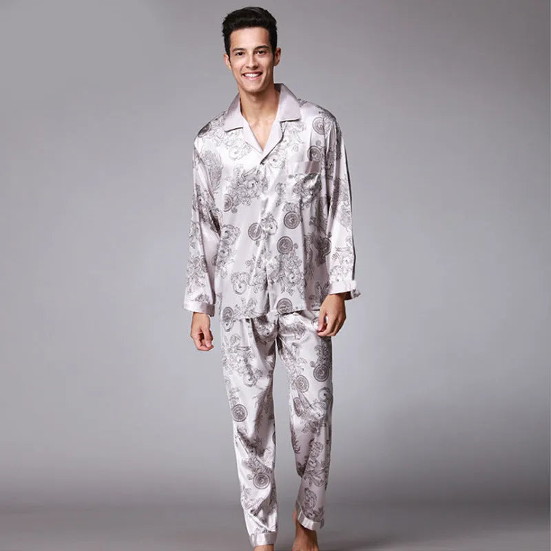 Men's long sleeve simulation silk pyjama set, lapel V-neck, available in five colours