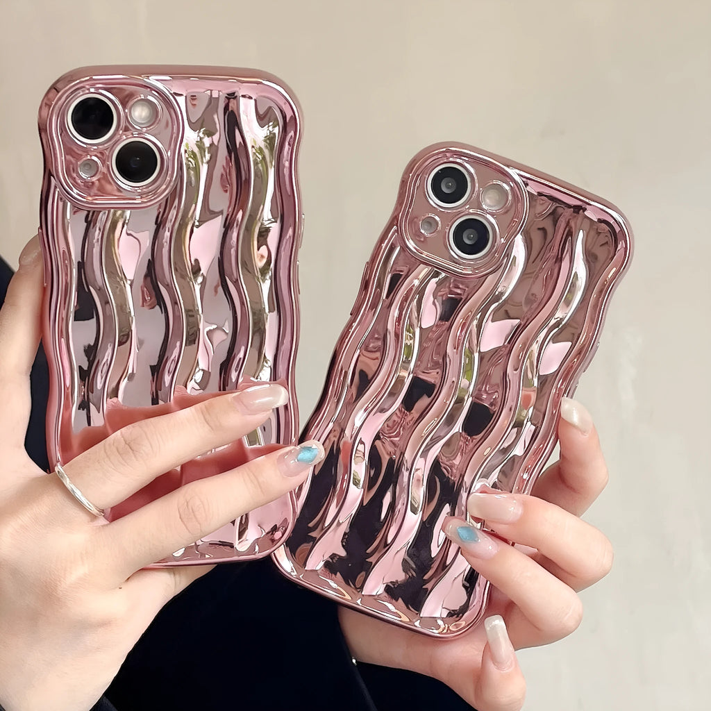Electroplated water ripple iPhone case in silver with anti-fall TPU construction for iPhone 11-14 models.