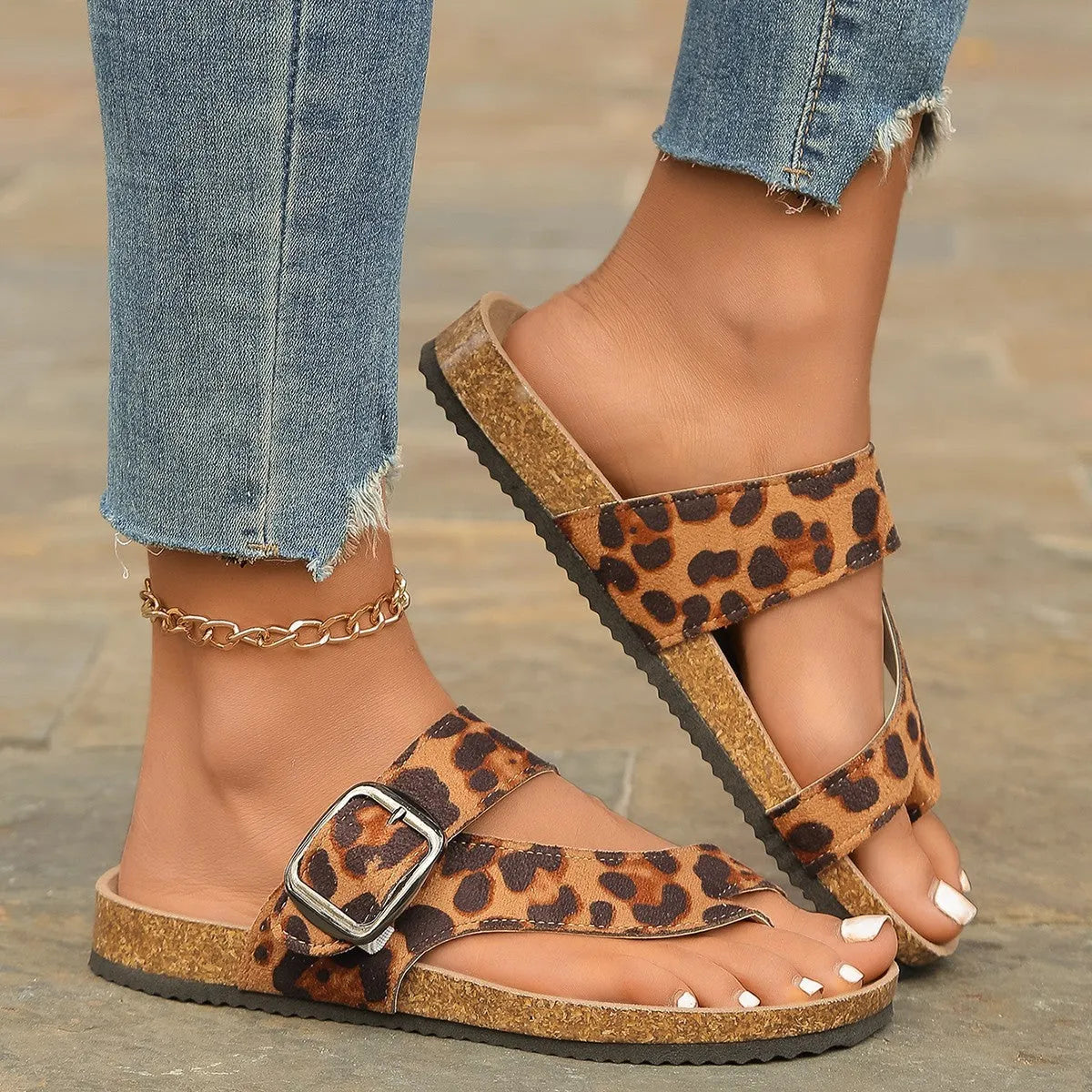 Roman style leopard print slippers with wooden sole and round toe design