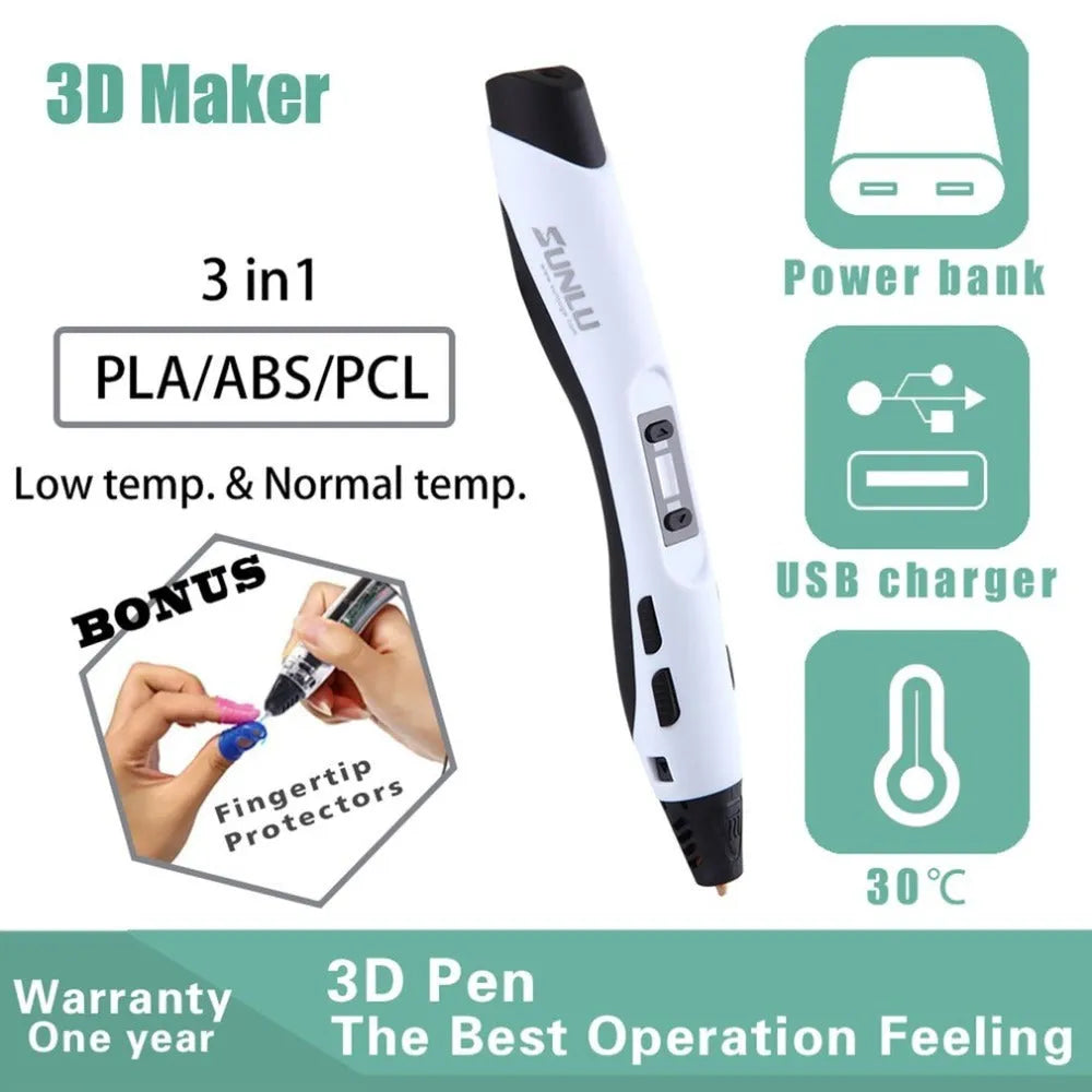 Plastic 3D printing pen in black with nozzle tip, 18cm long, on white background