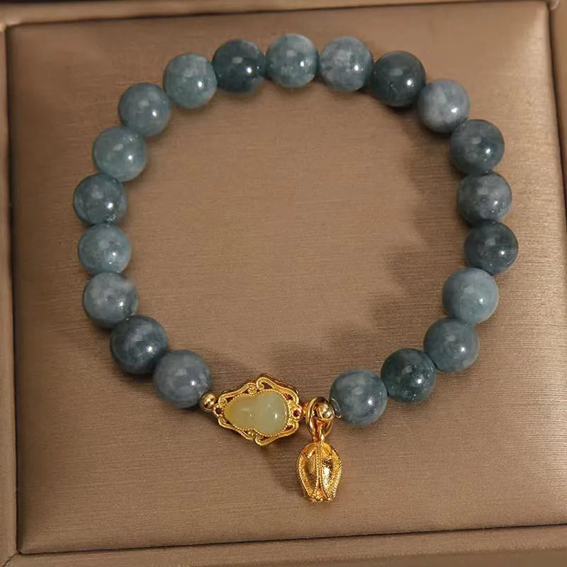 Natural stone bracelet with sky blue electroplated lotus gourd pendant for women