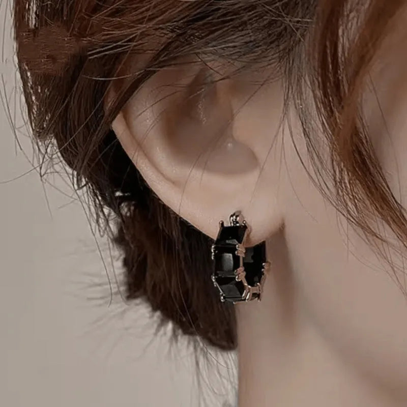 Women's black zirconium geometric drop earrings with gold electroplated U-shaped design
