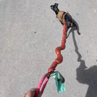 Brown sausage toy bundle attached to 108cm rope dog leash with grip tape handle