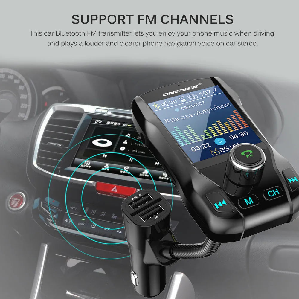 Black car Bluetooth FM transmitter with colour screen and dual USB ports for charging Apple and Android devices