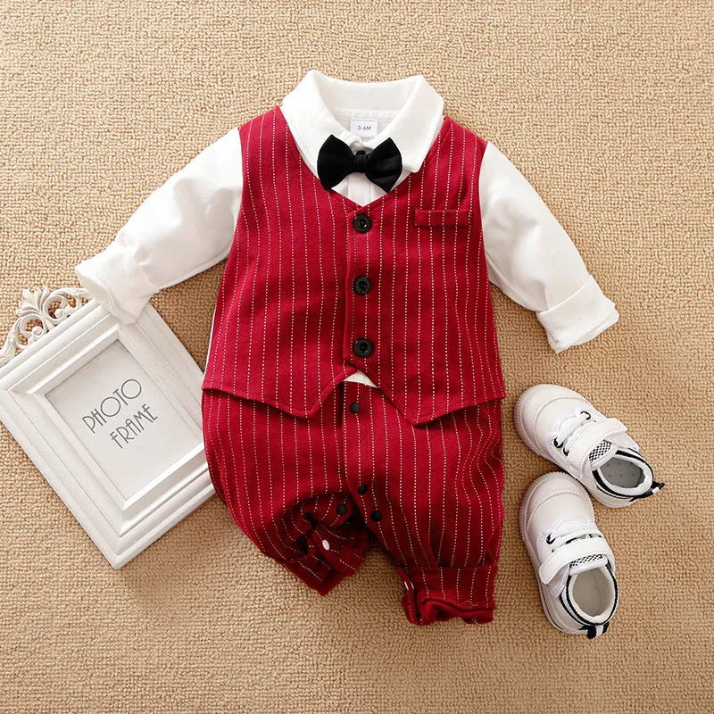 Wine red long sleeve cotton romper suit for a baby boy, shown in a gentleman style.