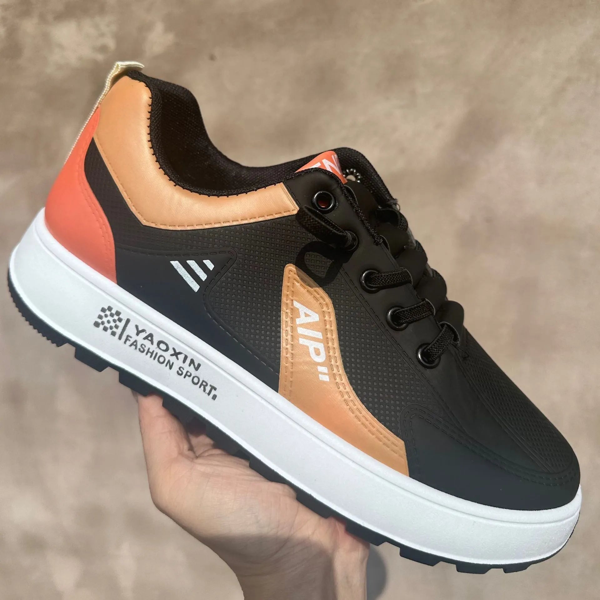 Men's round toe casual shoes in artificial PU, shown in white and orange colourway.