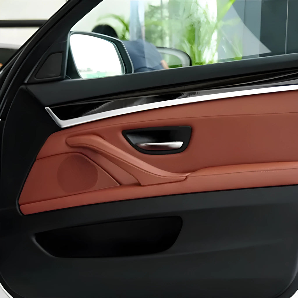 BMW 5 Series car door speaker cover in beige, shown with dimensions for scale.