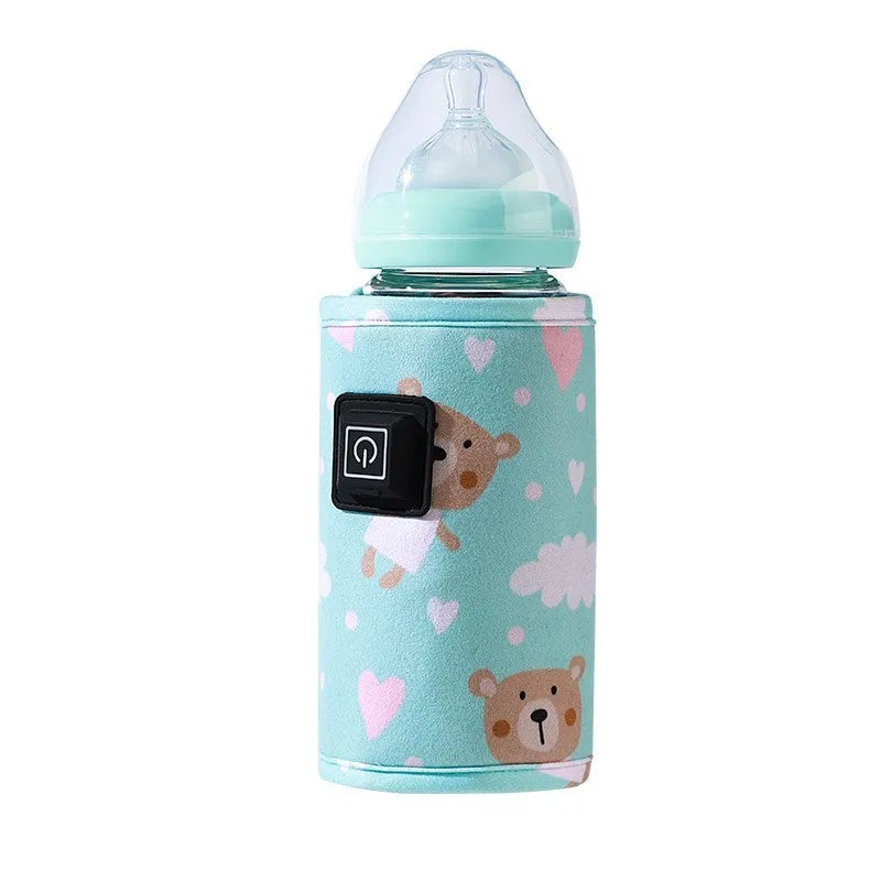 USB baby bottle warmer insulation cover in blue dinosaur cartoon print, showing portable cooler bag design.