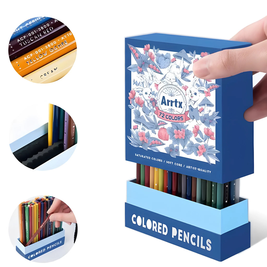 Boxed set of 72 coloured drawing pencils with basswood barrels for artists and students.
