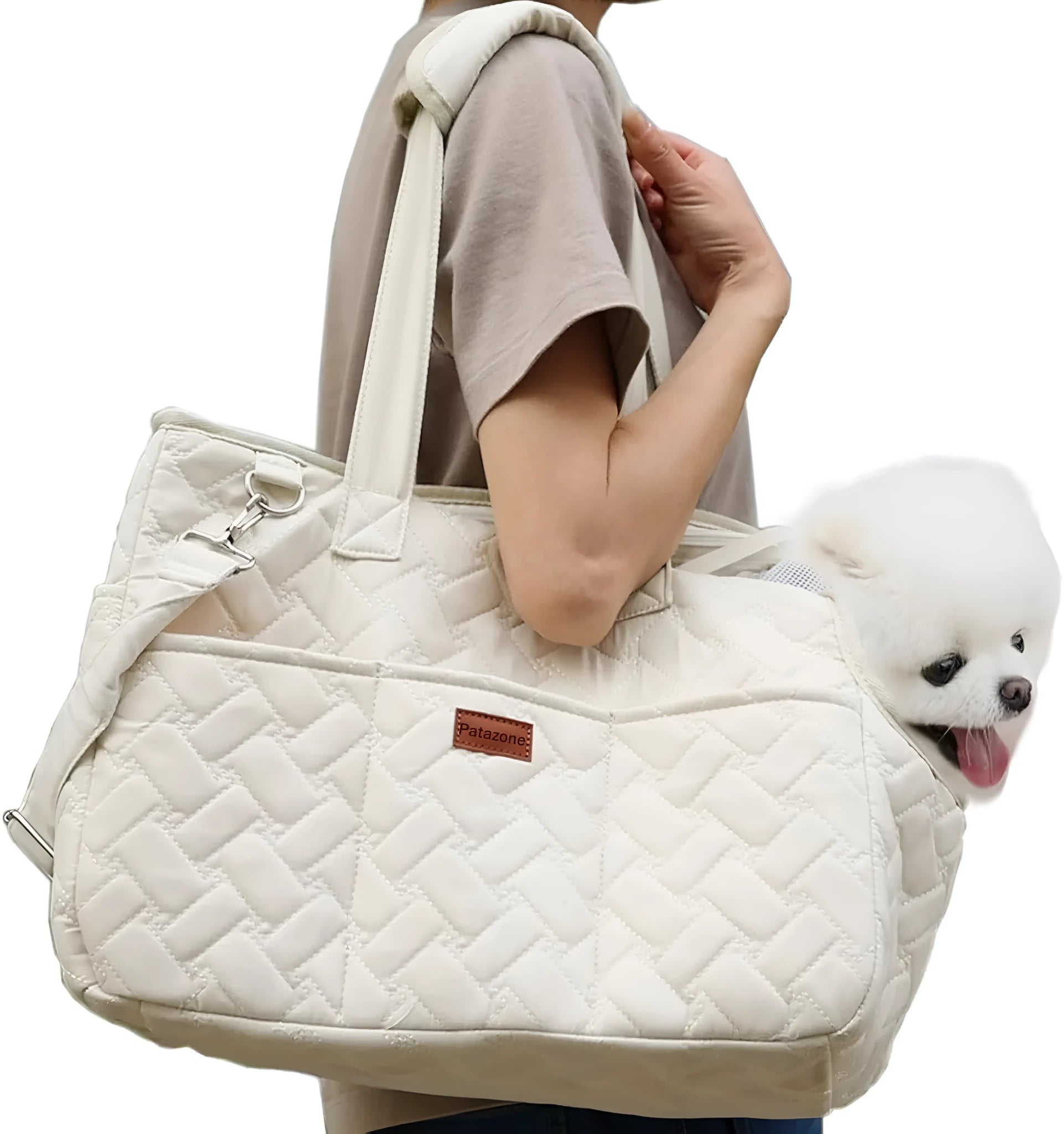 Grey handbag-style pet carrier with mesh panels and a safety leash for cats and small dogs.