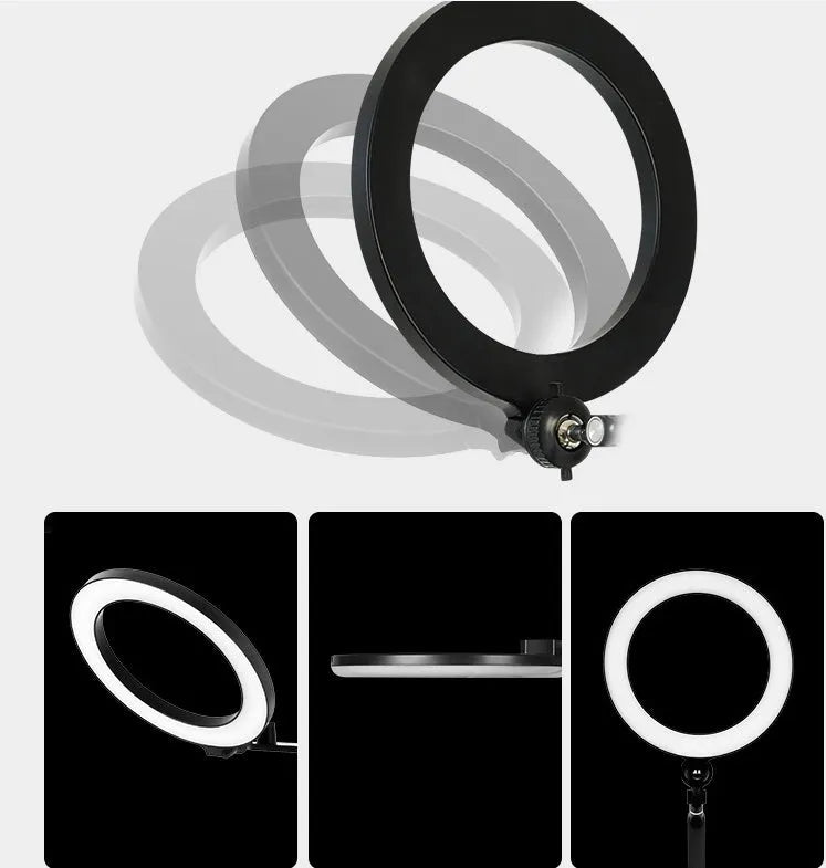 Black mobile phone tablet stand with fill light and rotation mechanism for floor placement