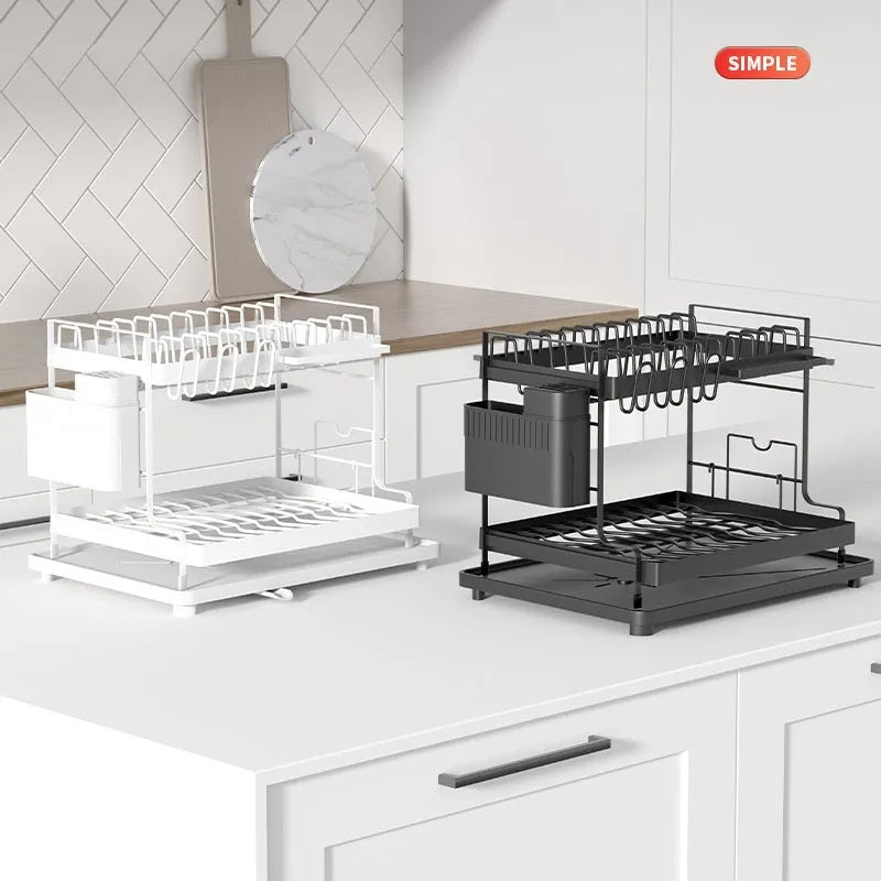 White double-layer kitchen storage rack with removable draining tray