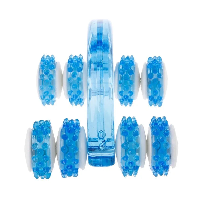 Eight roller wheel plastic body massager, 13x9cm, red blue purple, ergonomic handle