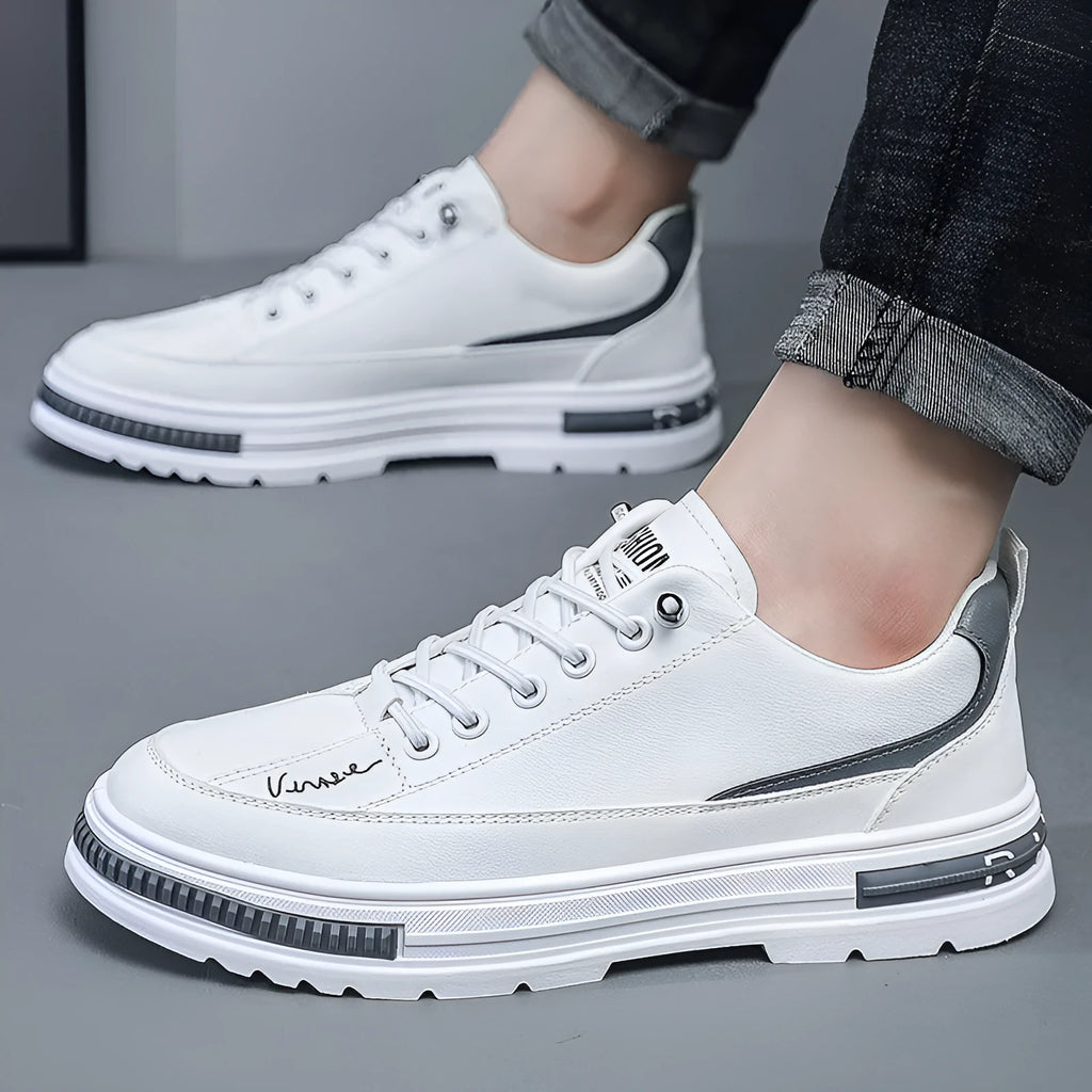 Men's black and white platform sneakers with elastic bands and round toe design
