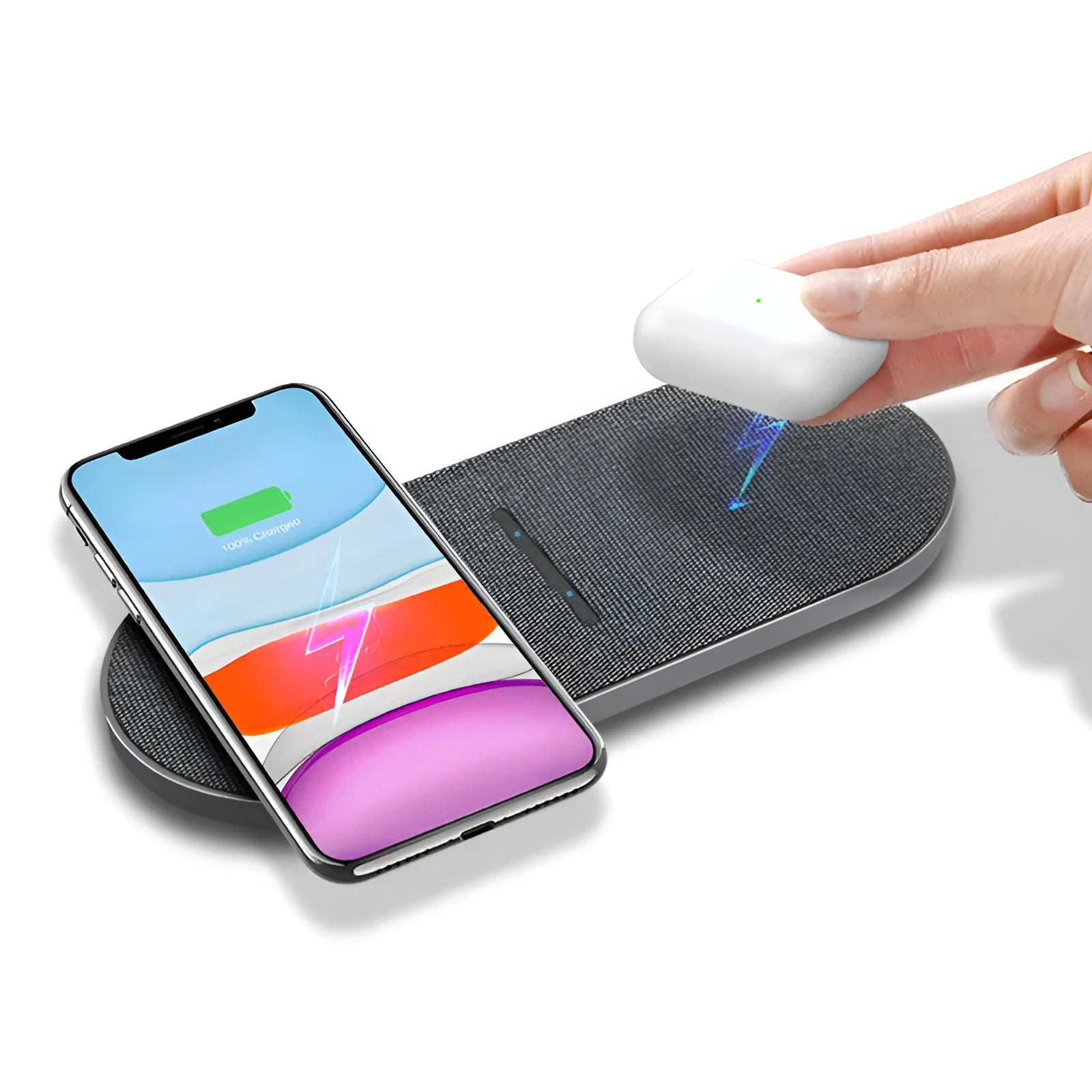Black dual station wireless charger with two charging pads and indicator lights