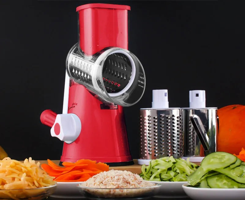 Blue round manual mandoline kitchen slicer with stainless steel blade on a countertop.