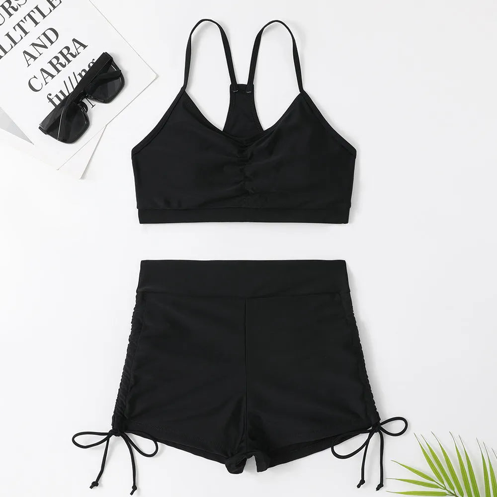 Women's high waisted split bikini swimsuit in black or violet colours