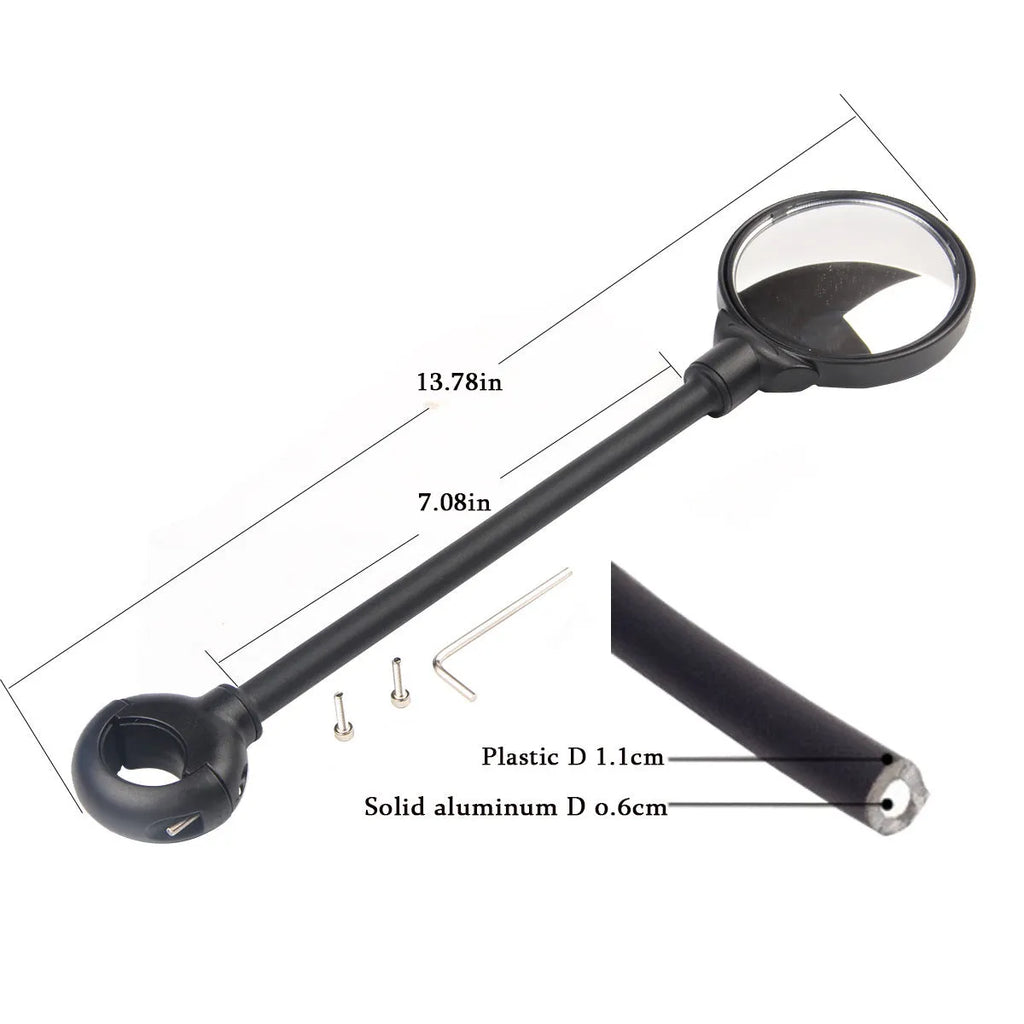 Black metal bicycle rearview mirror with hose adjustment clamp for handlebar mounting