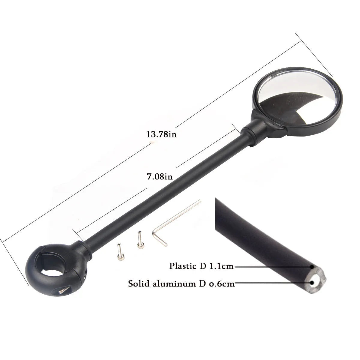 Black metal bicycle rearview mirror with hose adjustment clamp for handlebar mounting