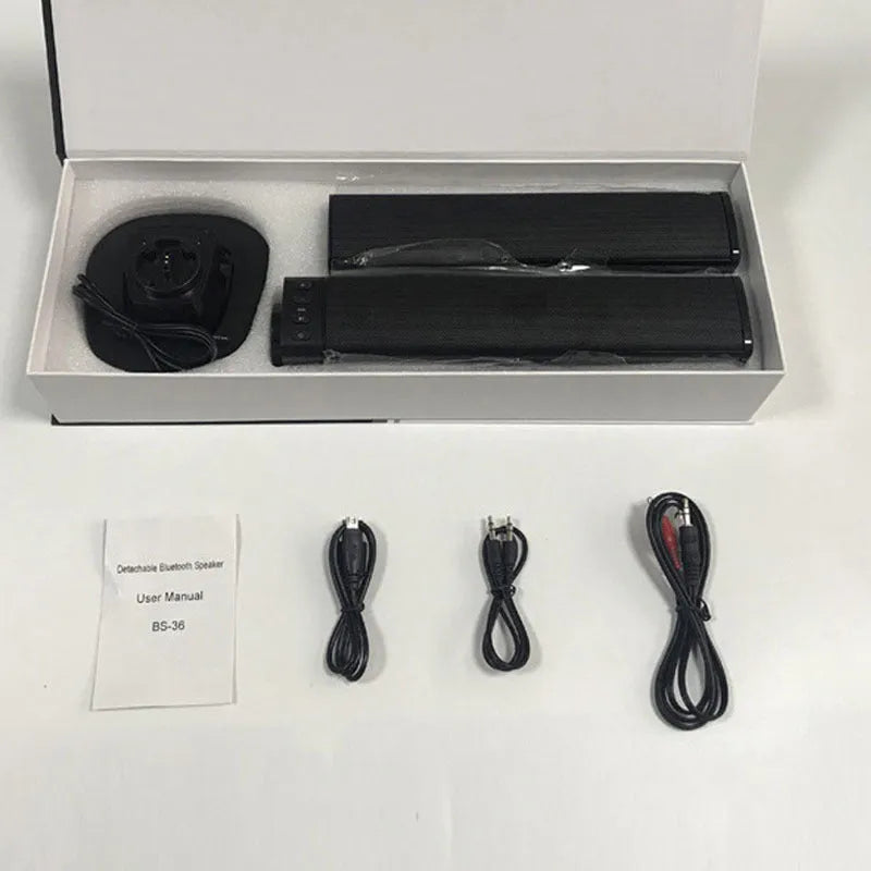 Black foldable split Bluetooth speaker showing USB port and buttons, length 490mm.