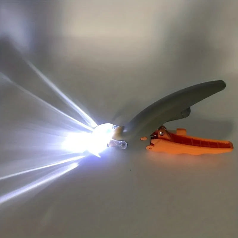 Yellow LED pet nail trimmer with magnifying glass, lights, and nail catcher for cats and dogs.