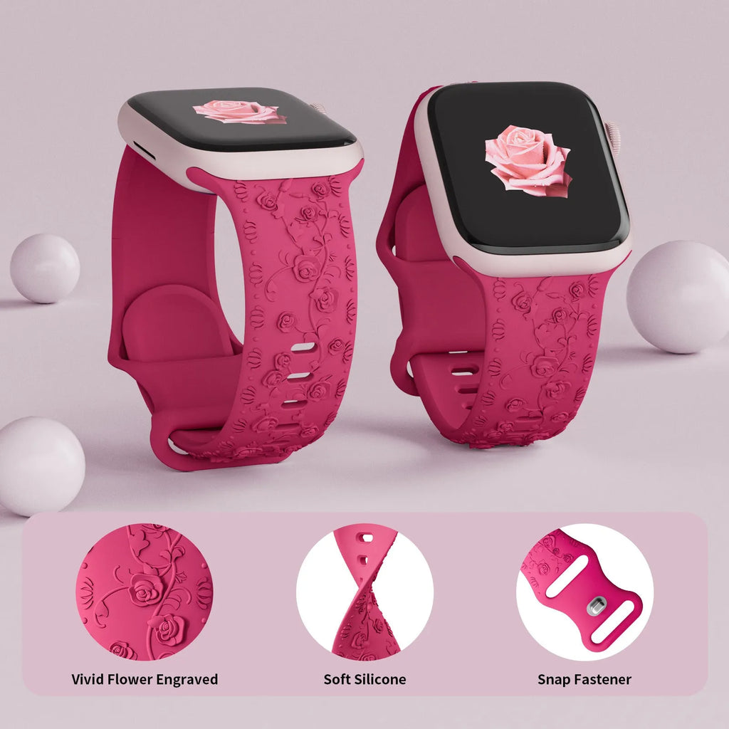 Embossed rose silicone Apple Watch strap in multiple colours for 38/40/41mm and 42/44/45mm case sizes