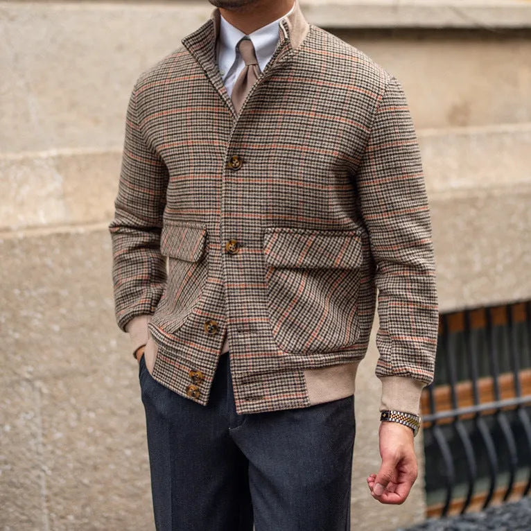 Brown wool blend tweed fleece cropped slim-fit bomber jacket with stand-up collar and front zip