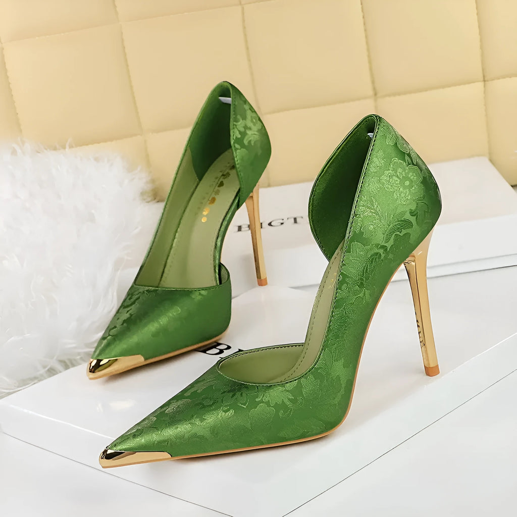 Satin pointed toe stiletto high heels 6-8cm with shallow middle-mouth cut, rubber sole, in Black, Champagne, Green, or Silver
