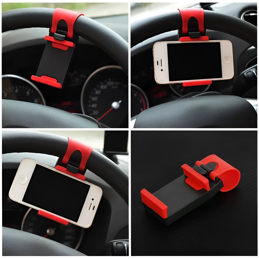 Black universal car steering wheel clip mount holder for mobile phones and GPS units.