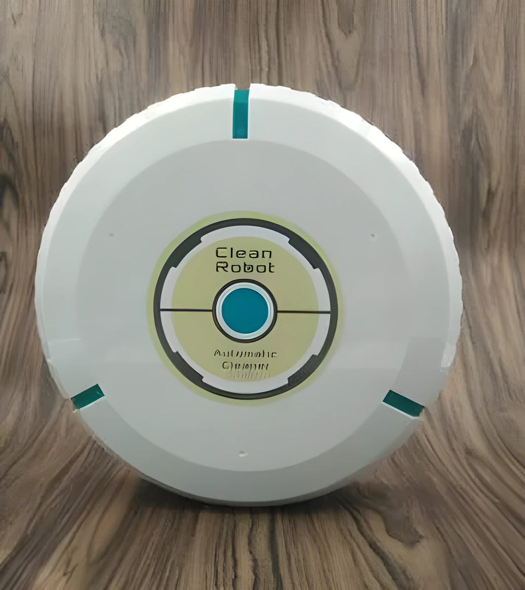 Black or white automatic robot vacuum cleaner with wide cleaning head on wooden floor.