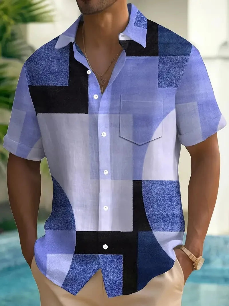 Man wearing a loose-fit geometric pattern cardigan shirt in contrasting colours, short sleeves.