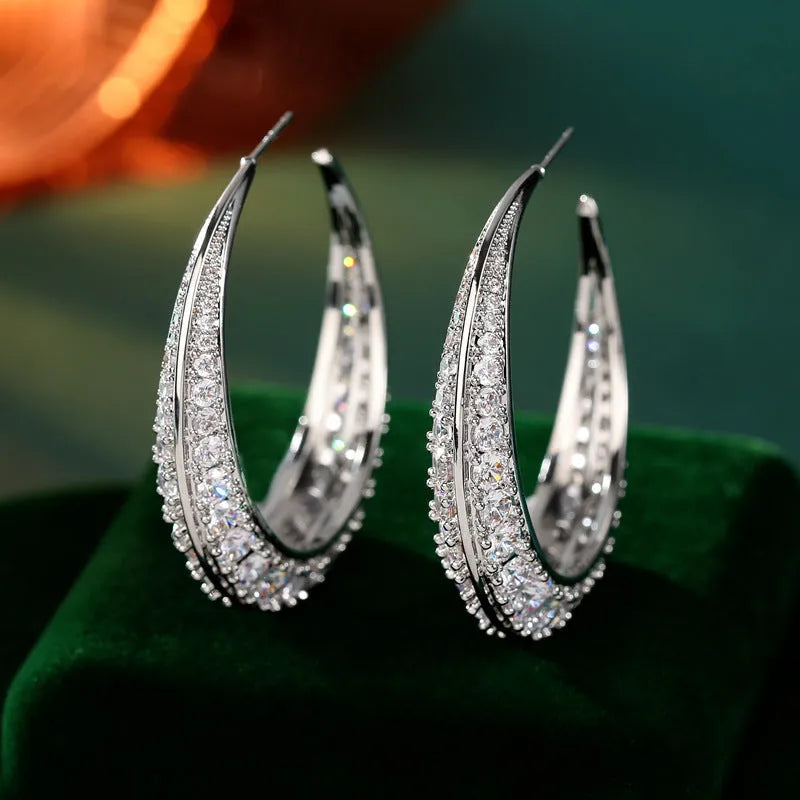 Women's large geometrical copper hoop earrings 4.3x4.5cm in gold white zirconium colour