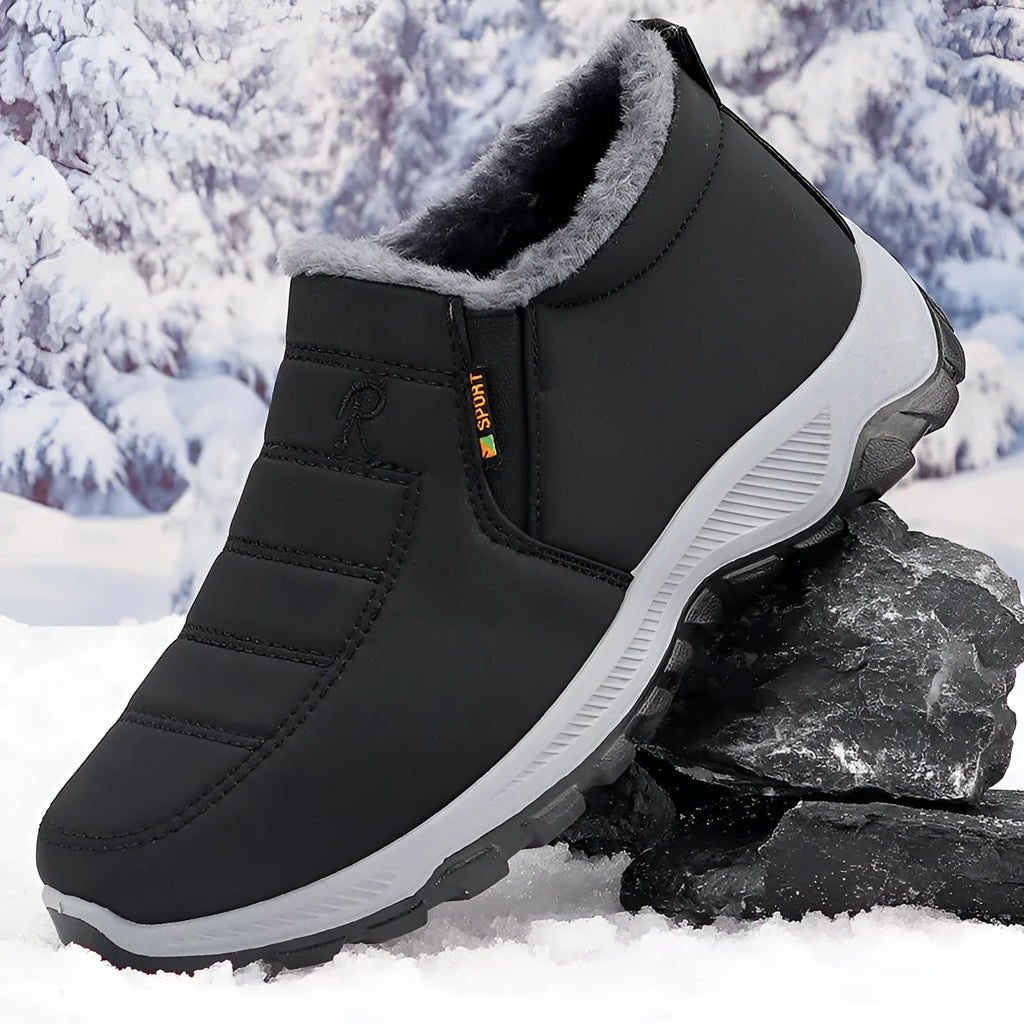 Men's cotton-padded fleece-lined black snow boots with rubber sole and round toe