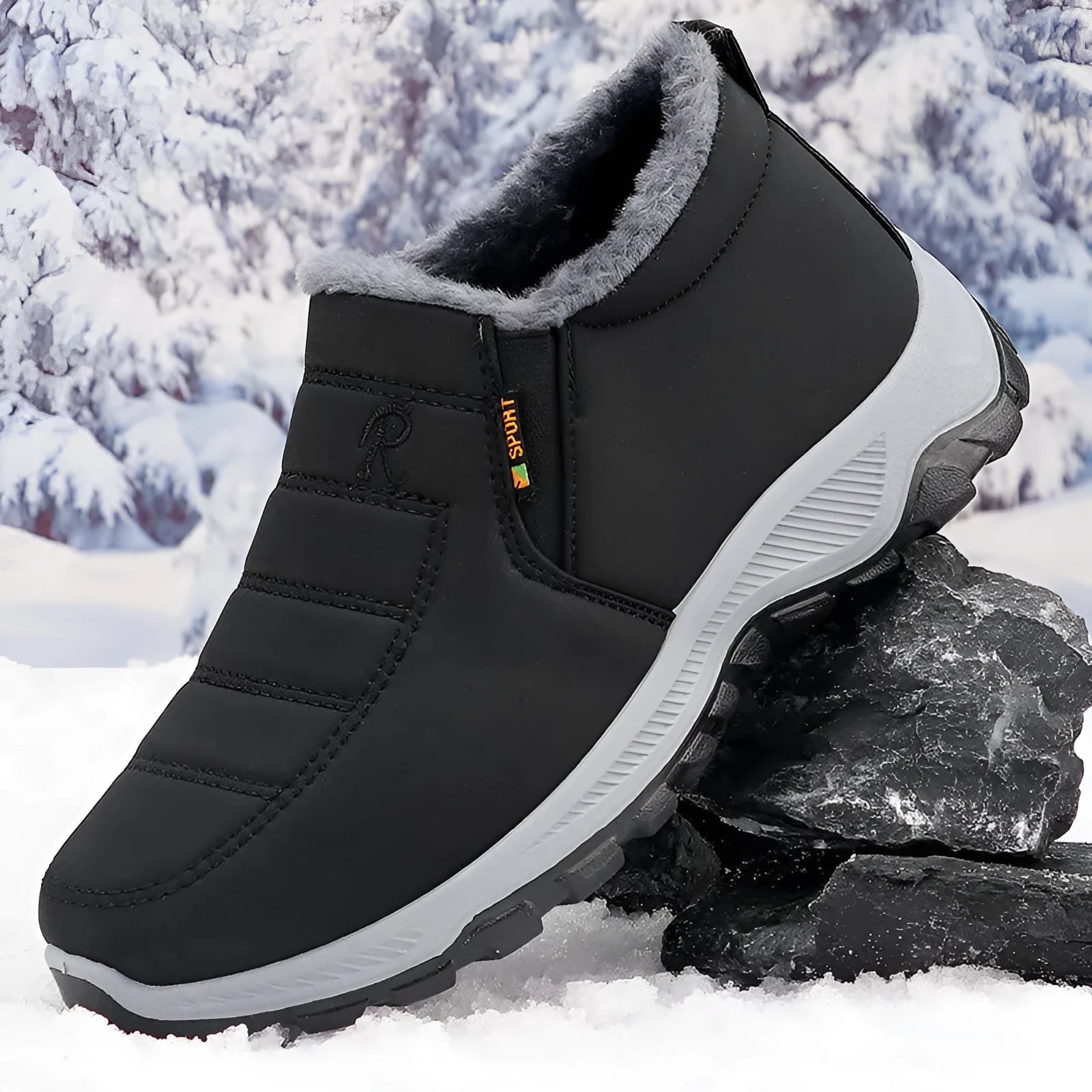 Men's cotton-padded fleece-lined black snow boots with rubber sole and round toe